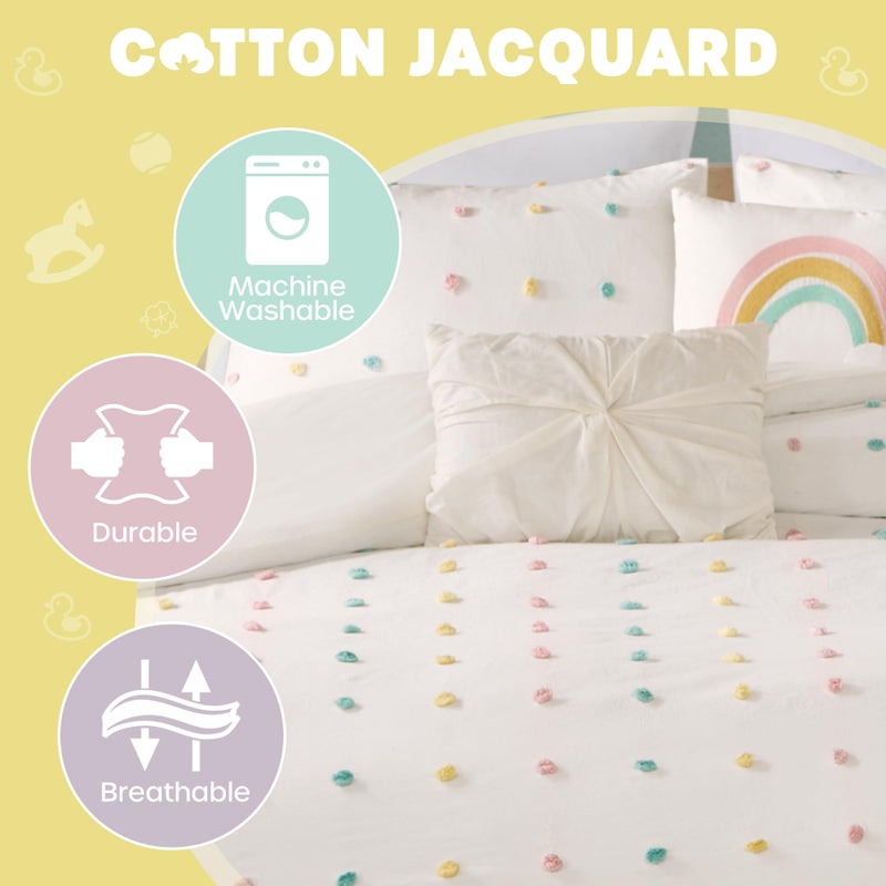 Intelligent Design Kids Duvet Cotton Jacquard Weave Colorful Poms Accent, Shabby Chic Cover for Comforter Cozy Bedding Set, Matching Shams, Decorative Pillows, Twin/Twin XL, Ivory, 4 Piece - Image 3